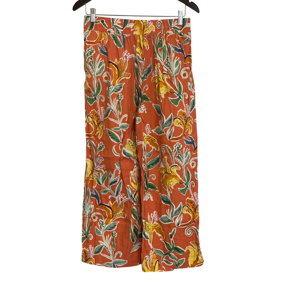 Rachel Rachel‎ Roy Womens Orange Floral Linen Blend Wide Leg Crop Pants Large - Picture 2 of 8